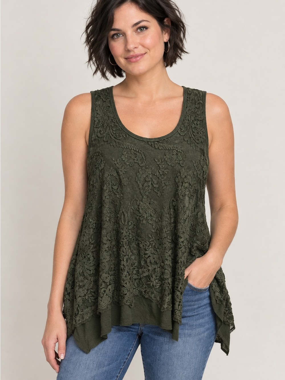 Karen Kane Olive Lace Overlay Tunic Tank - 2X
